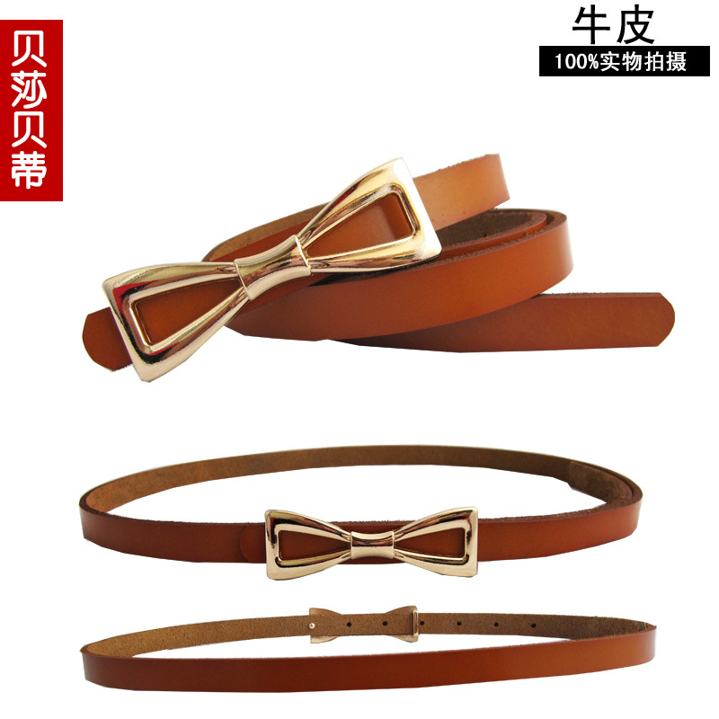 Bow decoration cowhide thin belt women's fashion female genuine leather tieclasps strap all-match