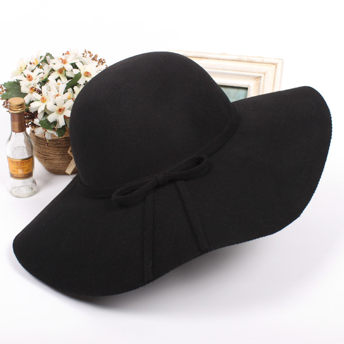 Bow gentlewomen large brim hat delicate pure wool fashion wide eaves hat