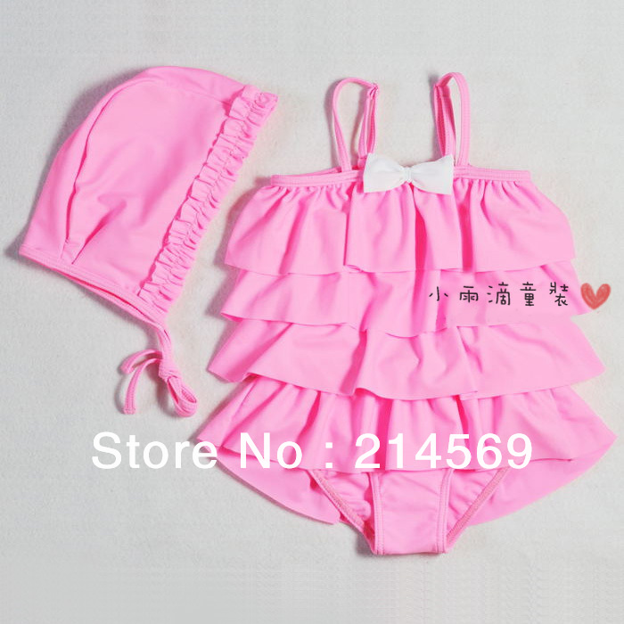 Bow one-piece bathing suit Cake/Baby swimming suit/Girls swimsuit two pieces/Children's Beach pink  swimsuit + hat/free shipping