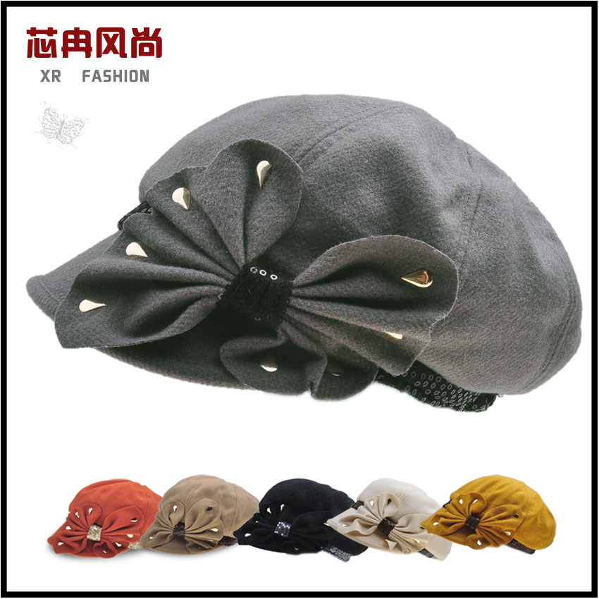 Bow paillette short brim cap female cotton thermal woolen beret