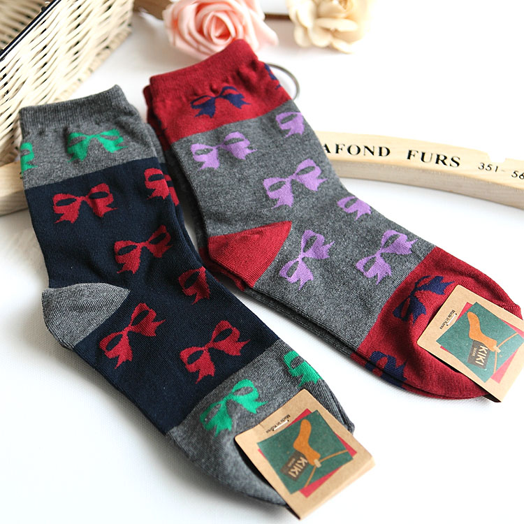 Bow print colorant match autumn Women 100% cotton short socks dw235