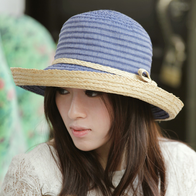 Bow strawhat summer linen big hat along women's roll-up hem sunbonnet