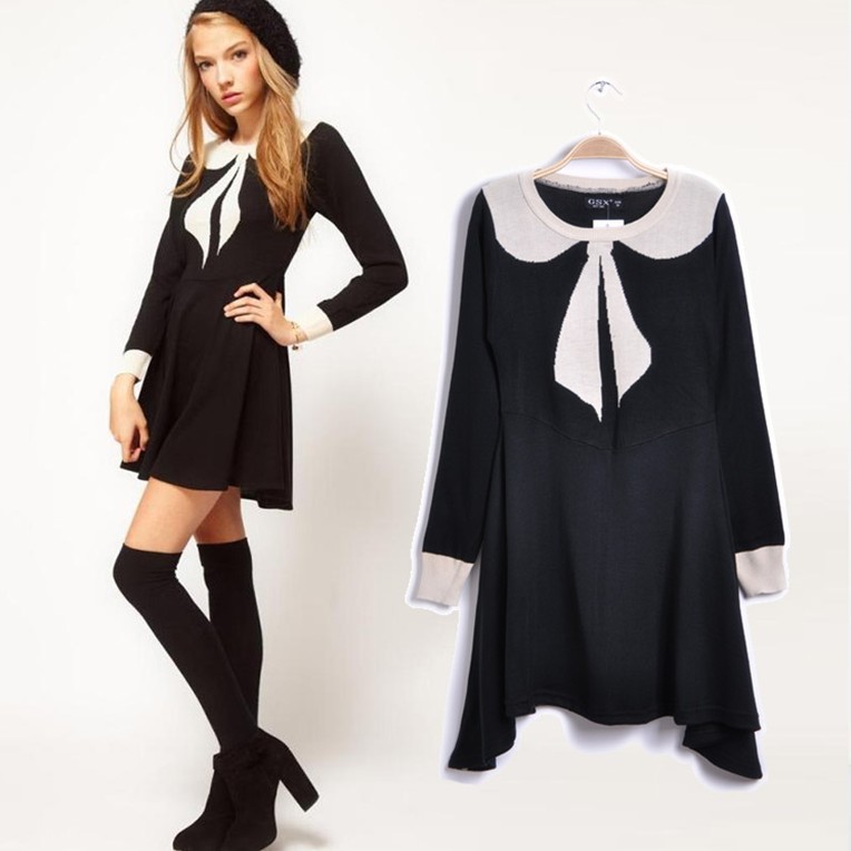 Bowknot adornment cute round collar long-sleeved dress /1 piece free Free shipping/ DT324