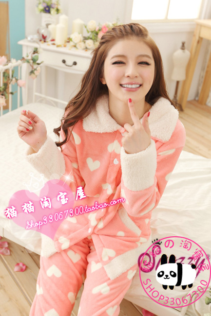 Bowline duomaomao dream stripe button autumn and winter coral fleece sleep set home set