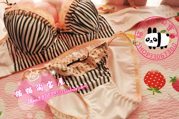 Bowline duomaomao sweet princess stripe lace push up chiffon female underwear set