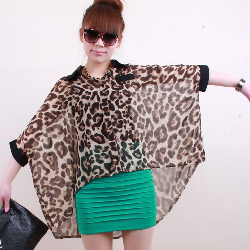 Box 2012 women's plus size chiffon shirt cardigan loose batwing sleeve leopard print chiffon shirt sun shirt