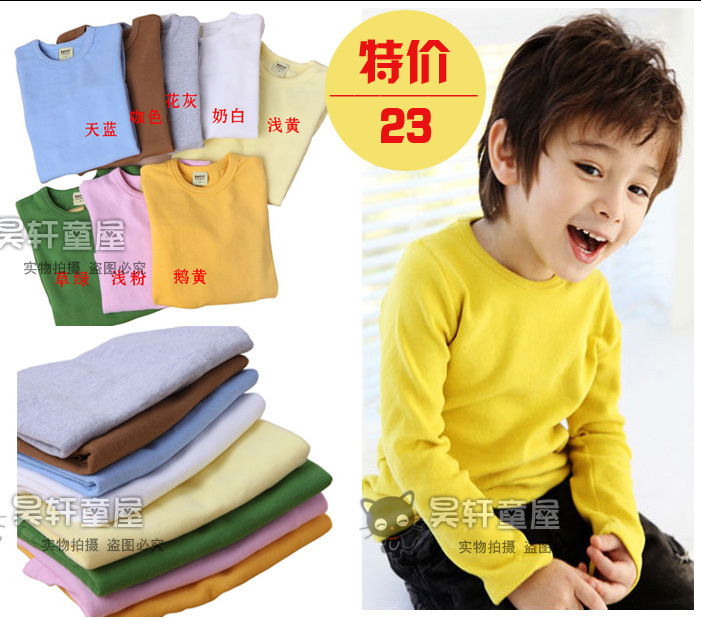 Boys clothing female child long-sleeve o-neck basic shirt thickening 100% cotton thermal underwear baby child at home service