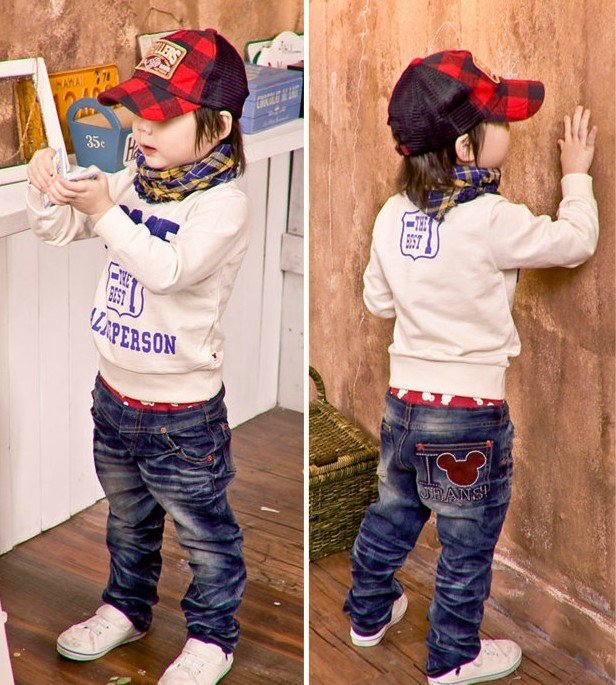 Boys' Jeans cotton Feet Pants Girl's jeans baby pants Mickey head Embroidery jeans  5pcs/lot
