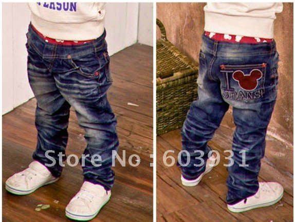 Boys' Jeans cotton Feet Pants Girl's jeans baby pants Mickey head Embroidery jeans