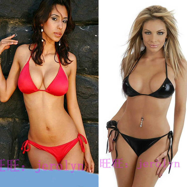 Bra set bikini set black patent leather trigonometric t temptation deep V-neck single-bra 2013 swimwear