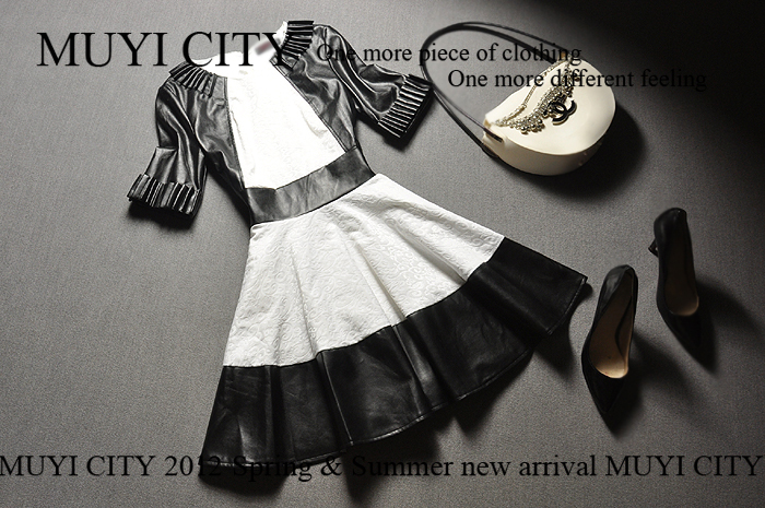 Brand 2012 leather black and white evidenced elegant elegant slim expansion bottom one-piece dress b1140 winter long sleeve