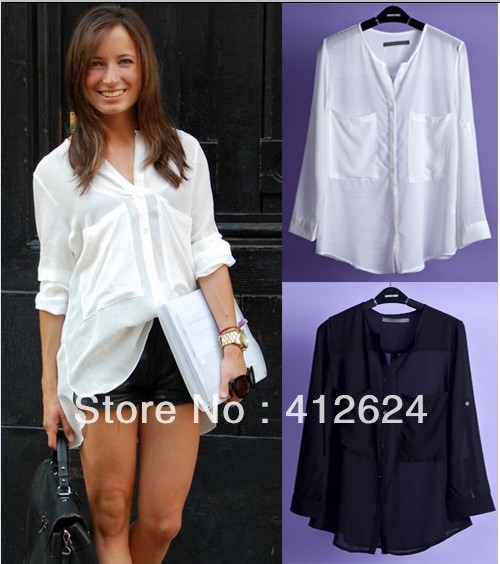 Brand New 5 Color Womens long sleeve Blouse White Chiffon Shirt Top Vintage Slouchy Big Pockets Button Front Sheer