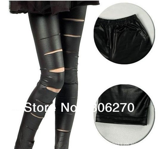 brand new  autumn winter  Europe and America sexy was thin Slim wild Leggings wholesale black faux leather matt hole