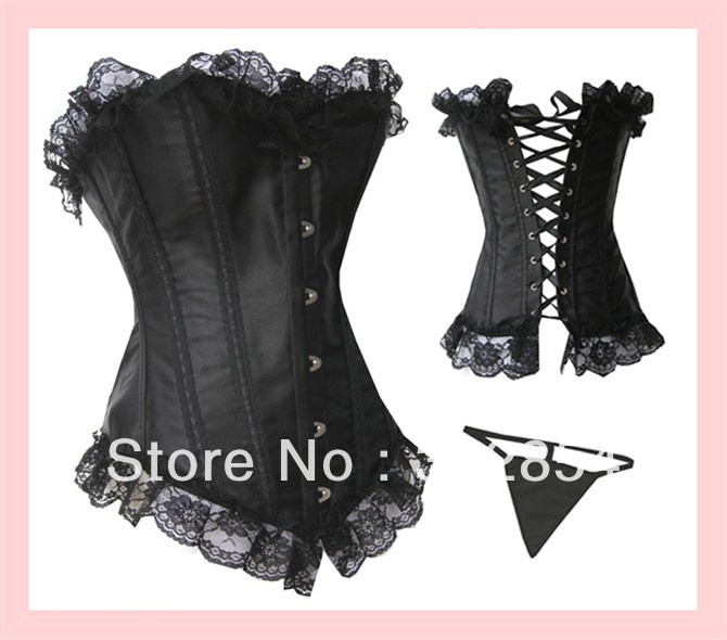 Brand New black satin with lace trim body shapers for women Free Shipping Plus size S M L XL cheap corset tops with g string