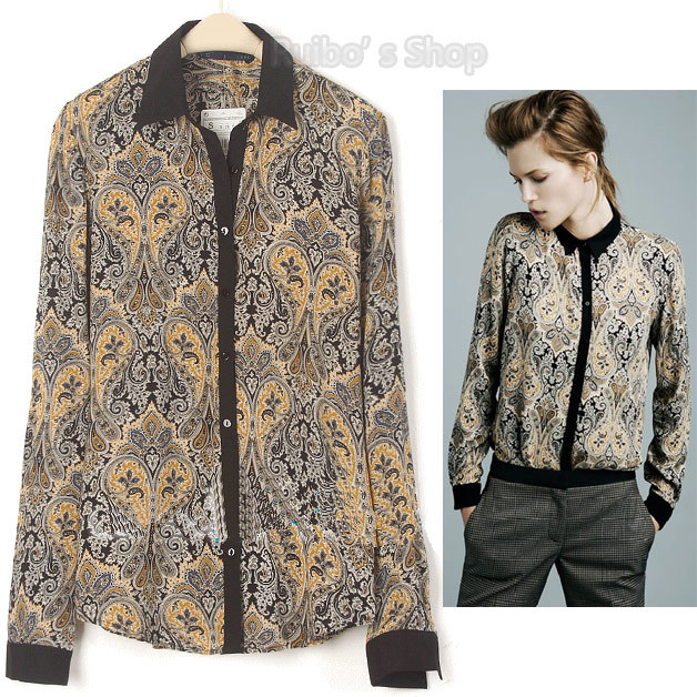 Brand New Blouses 2013 Fashion Women Long Sleeve Chiffon Shirts Vintage Drop Printed Color Block Blouse Woman Free Shipping