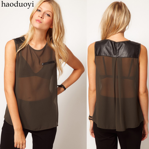 brand new design Black PU patchwork velvet chiffon sleeveless personality sleeveless chiffon shirt t-shirt plus size available