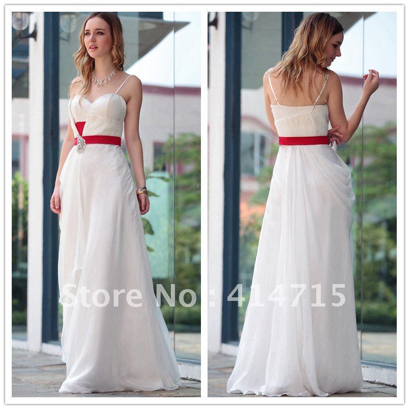 Brand new fashion white graduaton dresses spaghetti strap banded waist party dresses pleated beaded FREE SHIPPING ALL EXPRESS