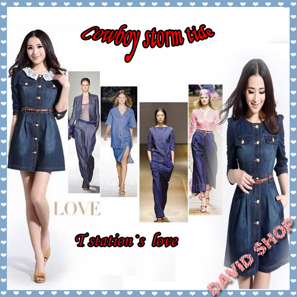 Brand Newes!!!,Vintage Fashion Women's Denim Dresses ,Popular Lace Neck Ladies' Dress Casual workwear ,Free shipping