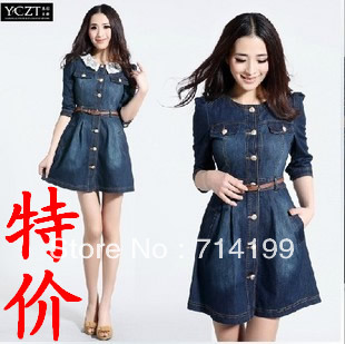 Brand Newest,Vintage Fashion Women's Denim Dresses ,Popular Lace Neck Ladies' Dress Casual workwear ,Free shipping