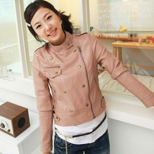 Breasted pink short design leather clothing outerwear 8424 free shipping