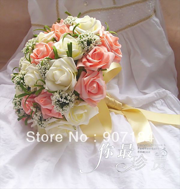 Bridal Bouquet Pure White Roses & White Spica Satin Ribbon Bow Wedding Bouquet Artificial Flowers For Wedding Photos Paties