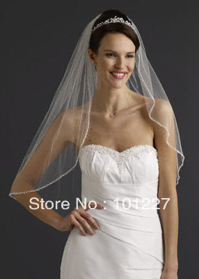 Bridal Elbow Length White Veil, 1 Tier with Beaded Edge Style P9573