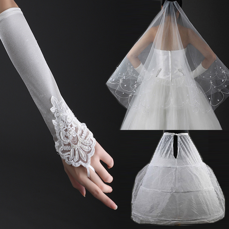Bridal veil gloves pannier piece set wedding accessories slip veil piece set pj-064