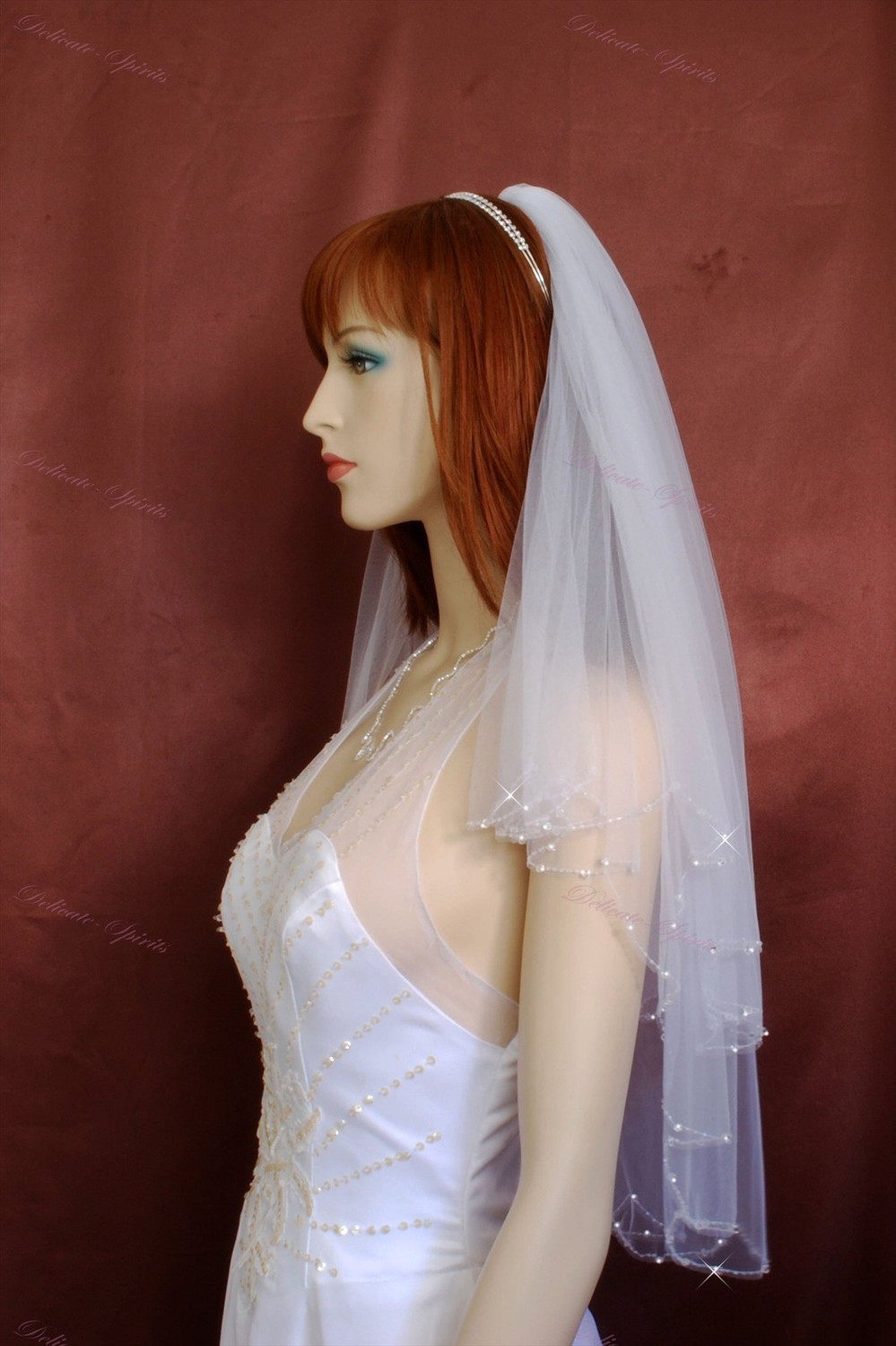Bridal Veil Wedding Bride Two Tier White Scalloped Elbow Length Crystal Beaded