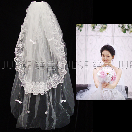 Bridal veil wedding dress veil lace decoration bow pearl veil (WS002)