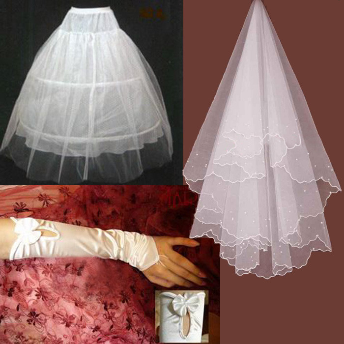 Bridal veil wedding gloves wedding dress pannier satin gloves piece set