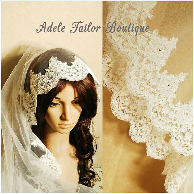 Bridal Veil Wedding with Lace Purfle Waltz Length Hair Accessory in Ivory 160cm Length