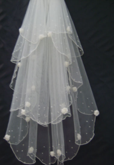 Bridal Wedding  veil   short  Layer 3  beaded white