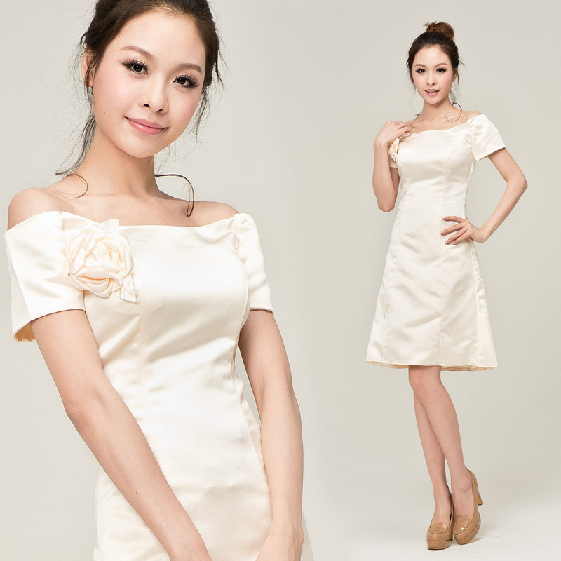 Bridesmaid slit neckline short design princess fashion bag bridal evening dress OEM YHZ157