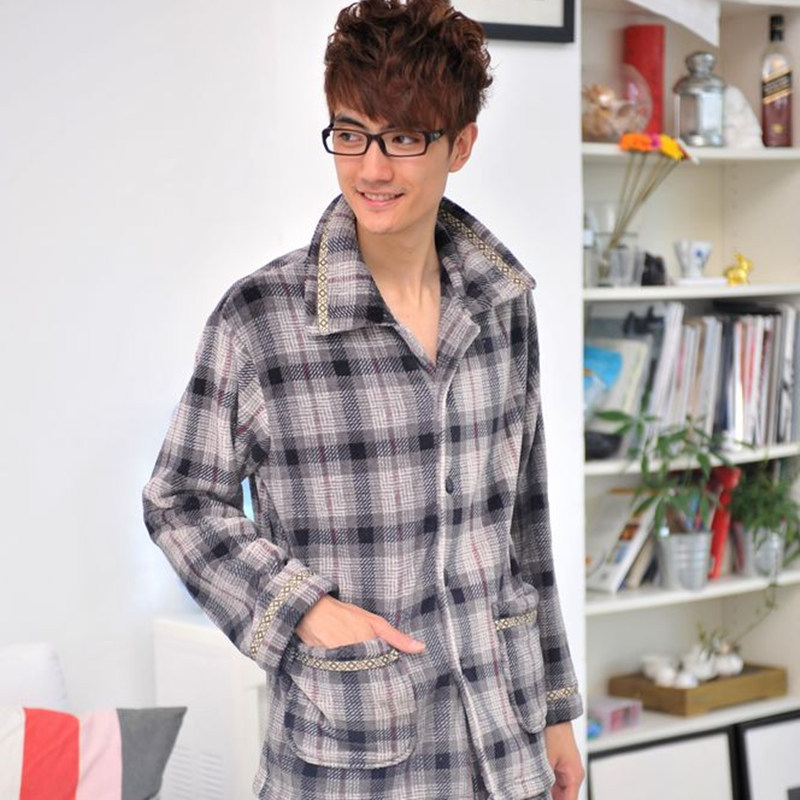 Brief elegant plaid coral fleece male sleepwear coral fleece set male sleepwear autumn and winter sleepwear