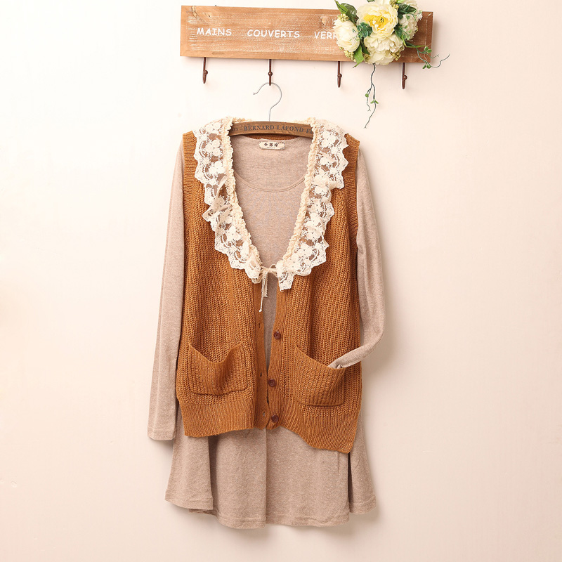 Brief lace decoration V-neck placketing woven vest cardigan three-color