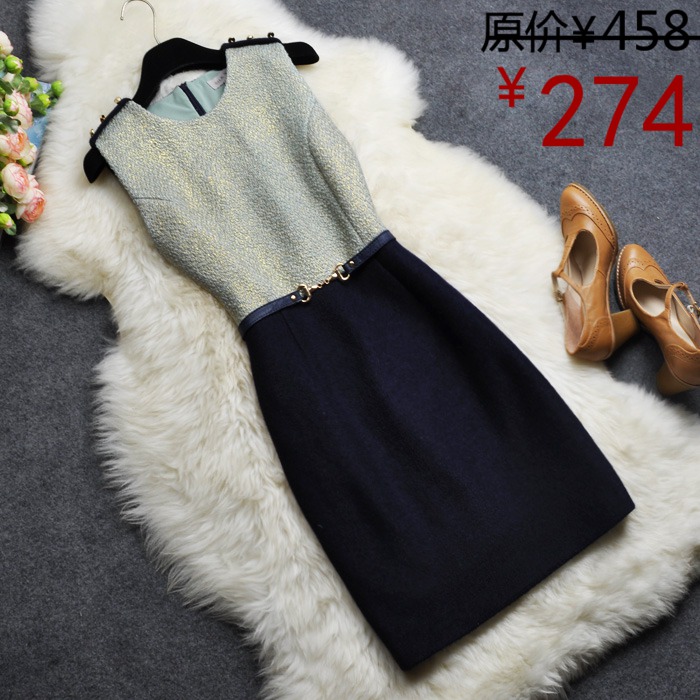Brief ol formal gentlewomen slim leather belly chain woolen one-piece dress tank dress