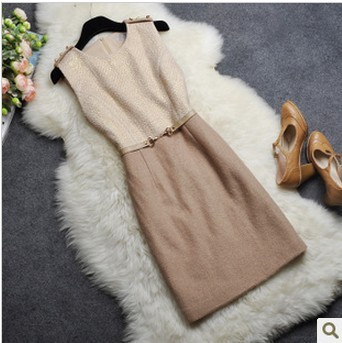 Brief ol formal leather gentlewomen slim belly chain woolen one-piece dress tank dress