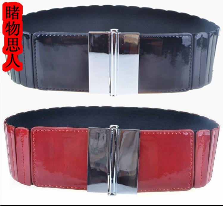 Brief patent leather buckle Ladies elastic waist belt women's wide belt Genuine Leather Belt cummerbund fashion black