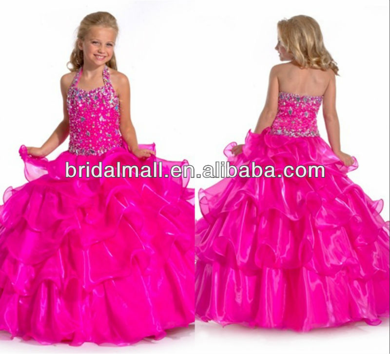 Bright hot pink crystal beaded tiered organza ball gown flower girl dresses prom dress pageant dress JY038