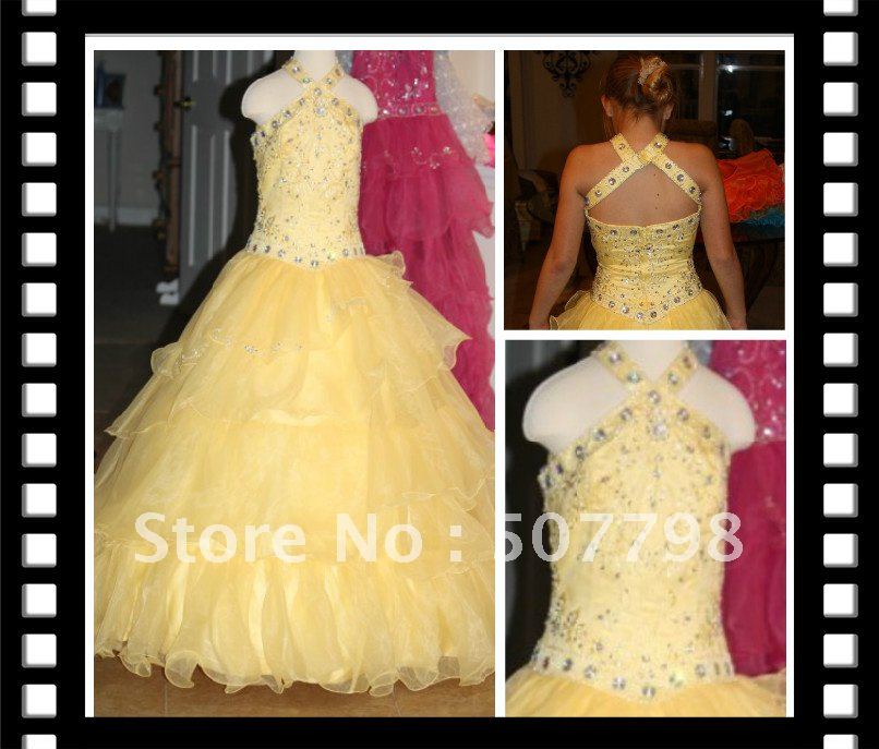 Bright Yellow Halter Embroidery Crystals Stones Formal Flower Girl Pageant Dress