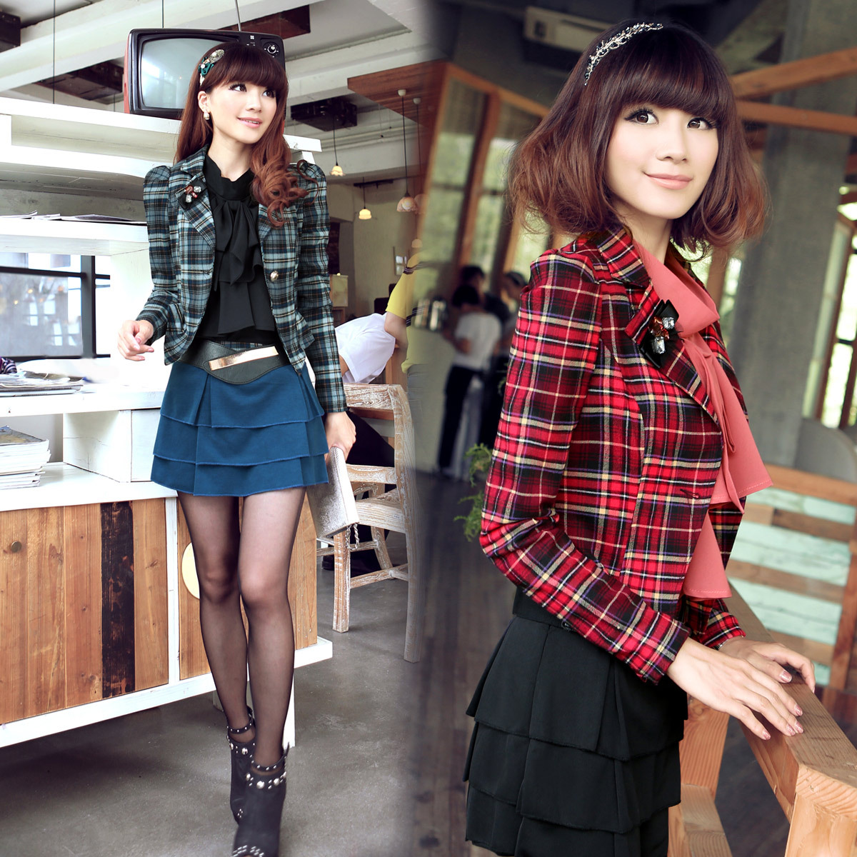 British style 2012 autumn new arrival classic twinset plaid career dress set corsage belt