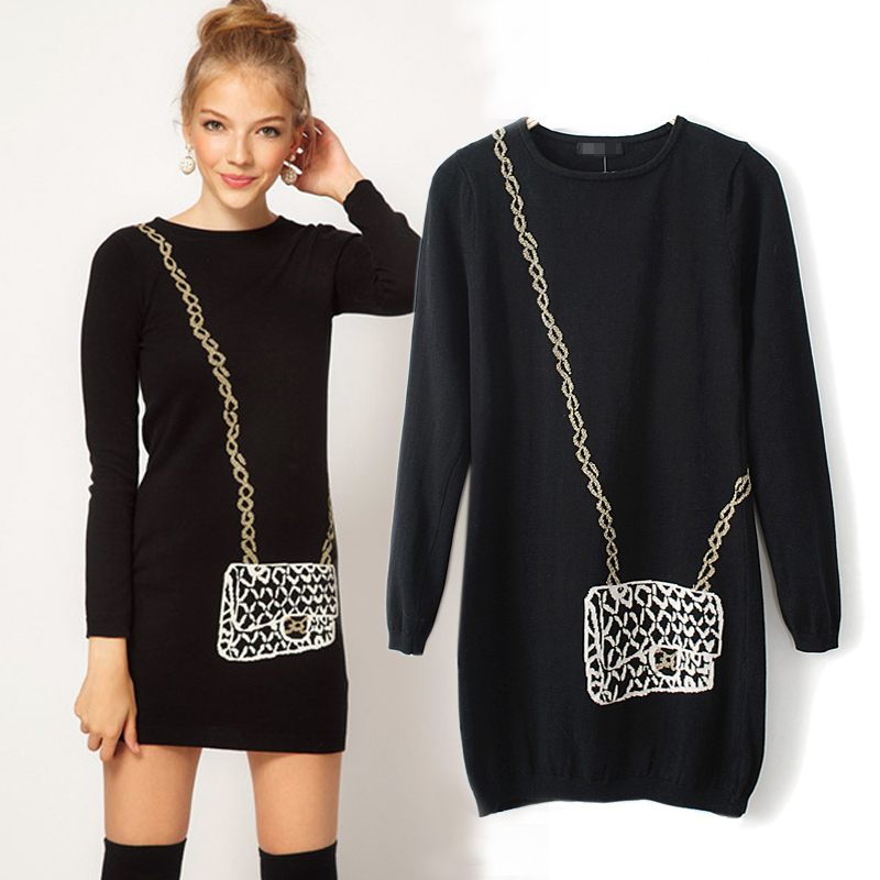 British style asos bordered liangsi shoulder bag leather bag knitted sweater basic sweater one-piece dress