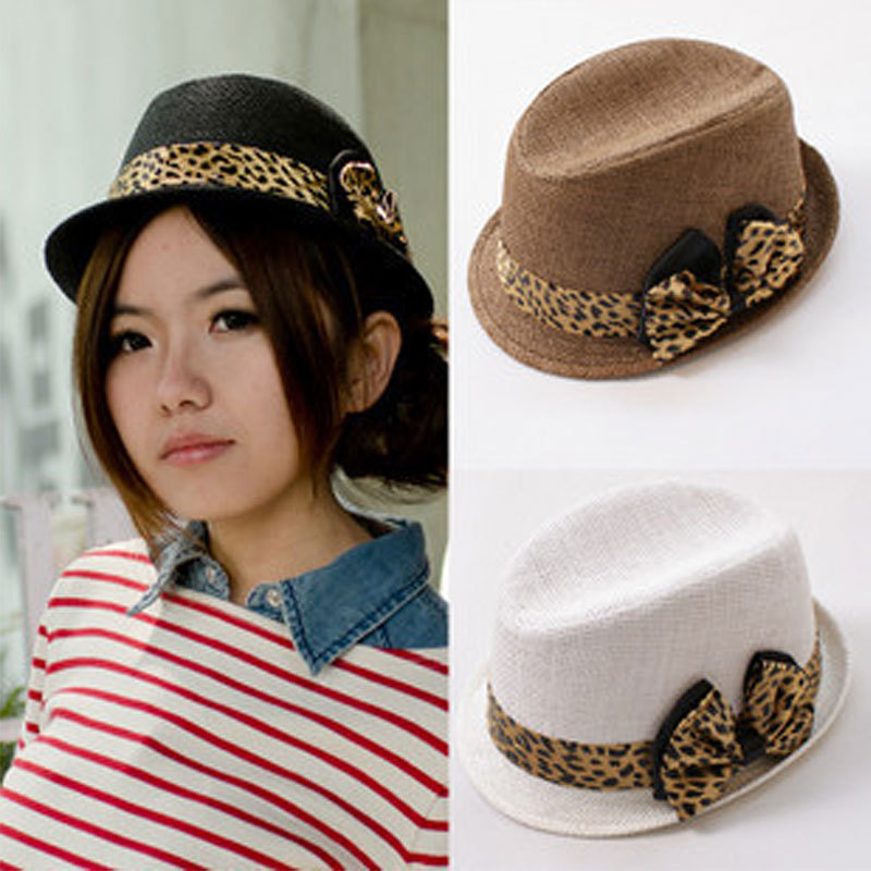 British style bow jazz hat leopard print ribbon small fedoras women's straw braid fedoras