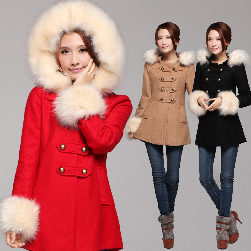 British style the disassemblability fur collar hooded woolen outerwear medium-long slim overcoat trench coat Outerwear