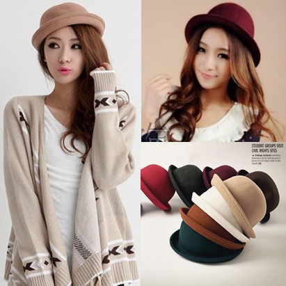 British style vintage woolen fedoras dome small spring and autumn winter roll-up hem sun-shading jazz hat