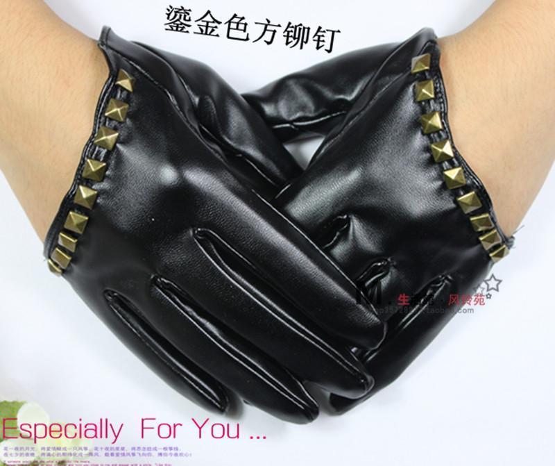 Bronze women's rivet decoration faux leather finger gloves punk full finger gloves