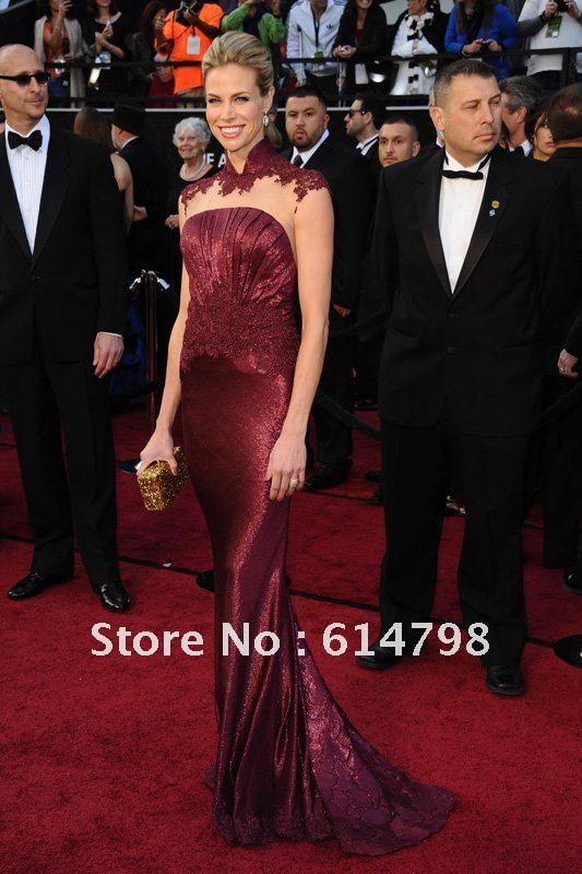 Brooke Burns Charming  Dark Red High Neck Lace Floor Length  Celebrity Dress/Evening Dress CLD23