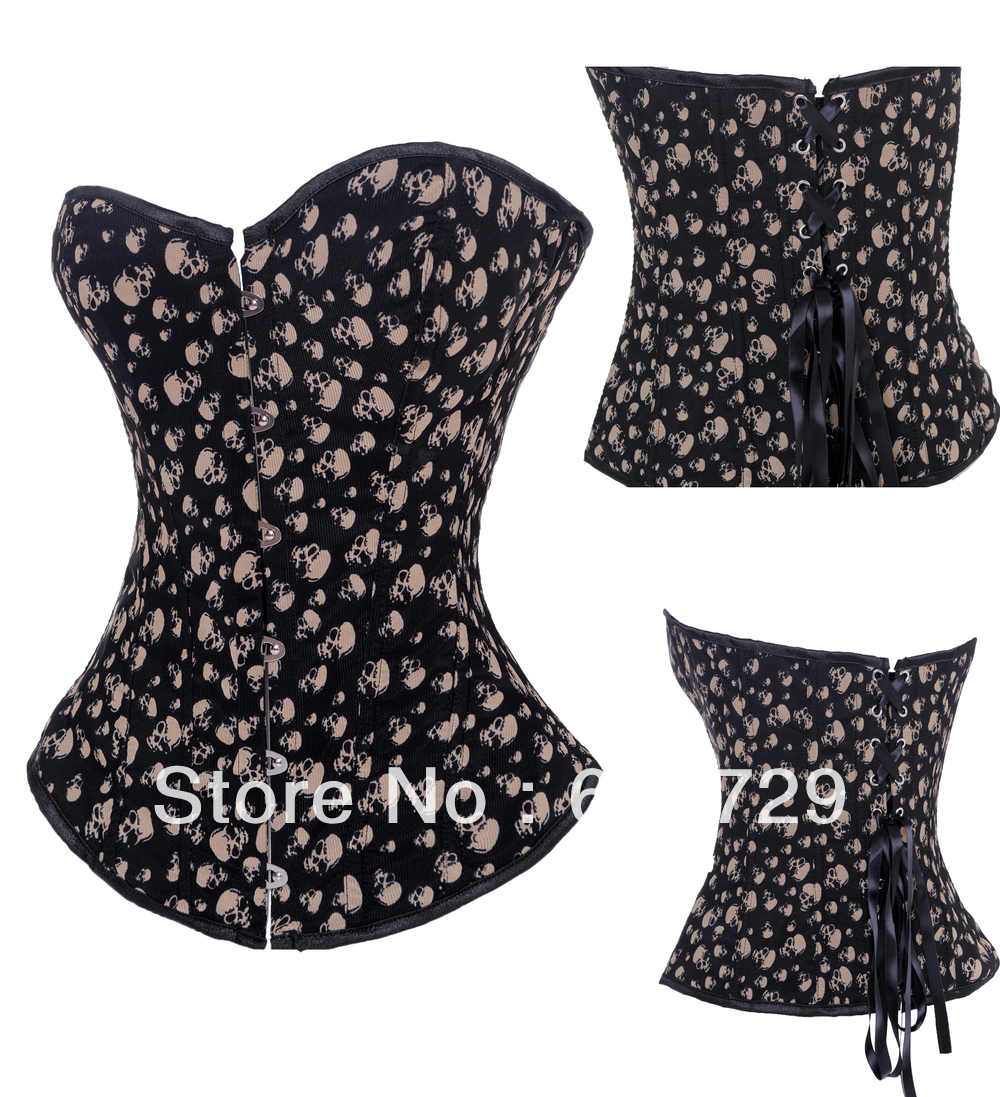Brown lace up boned corset busiter steel busk front clubwear S-2XL