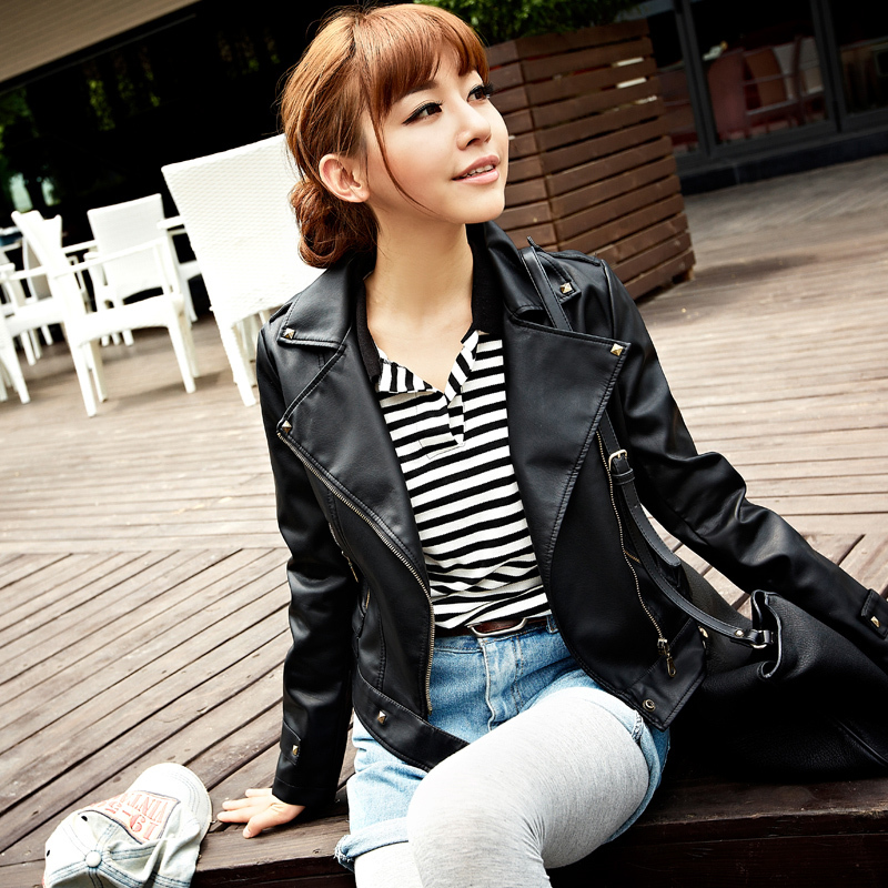 Brown powder 2013 spring black three-color women's design leather short slim clothing short jacket 01g3301