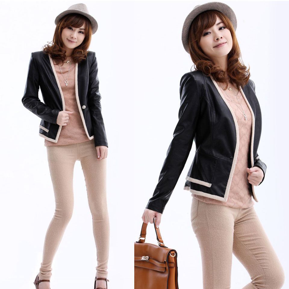 Buckle V-neck short design outerwear slim leather clothing 11682 free shipping